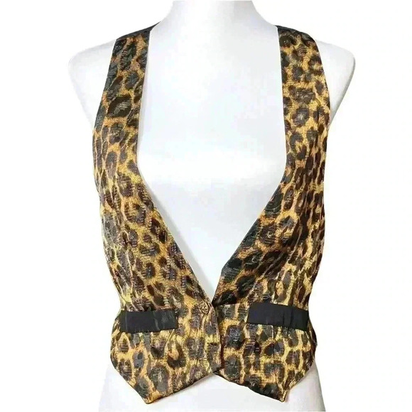 Vintage 80s Leopard Cheetah Cropped Satin Vest Brass Buttons. Retro Funky. S/M. - Picture 2 of 10